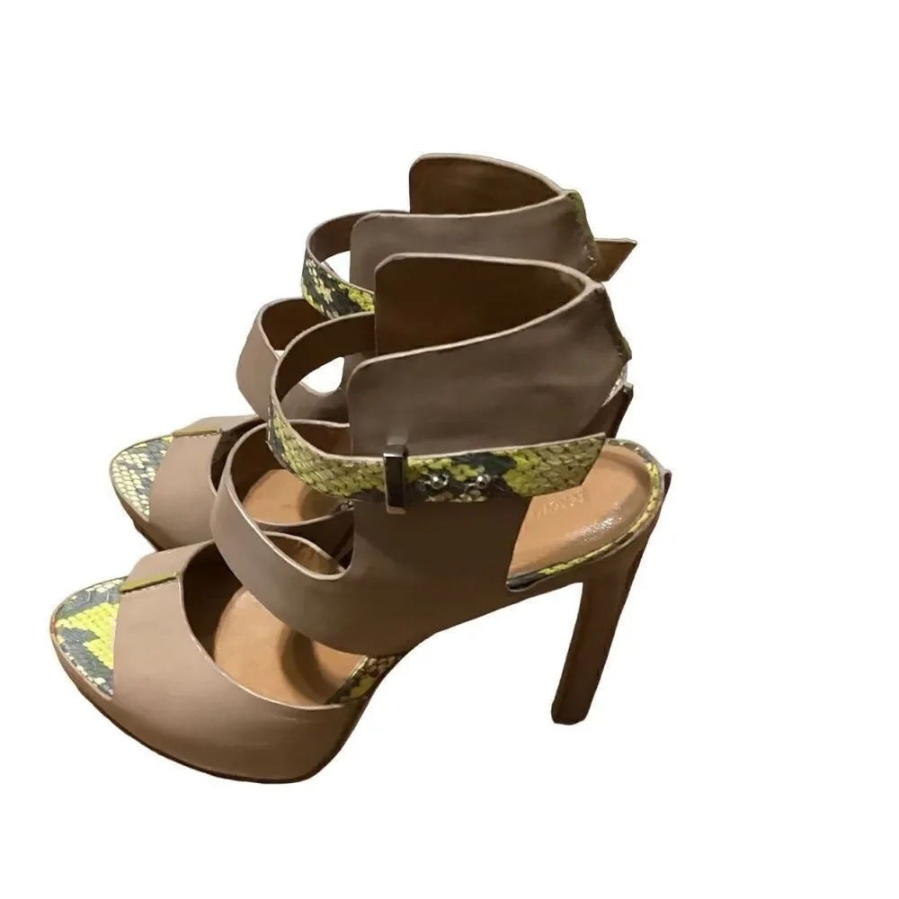 Rachel Roy Devyn Snake-Print Strappy Sandal Taupe/Lime Sz 7.5